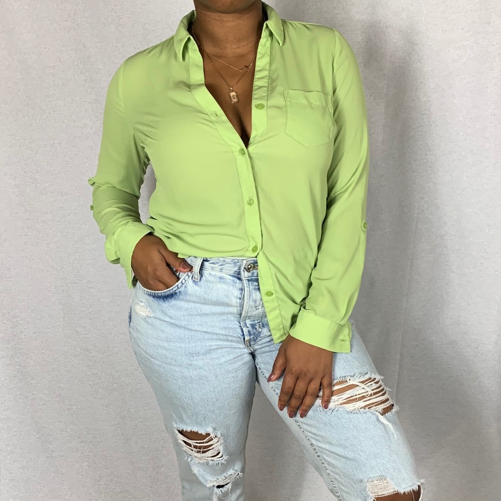 Lime Green Button Up Long Sleeve Blouse